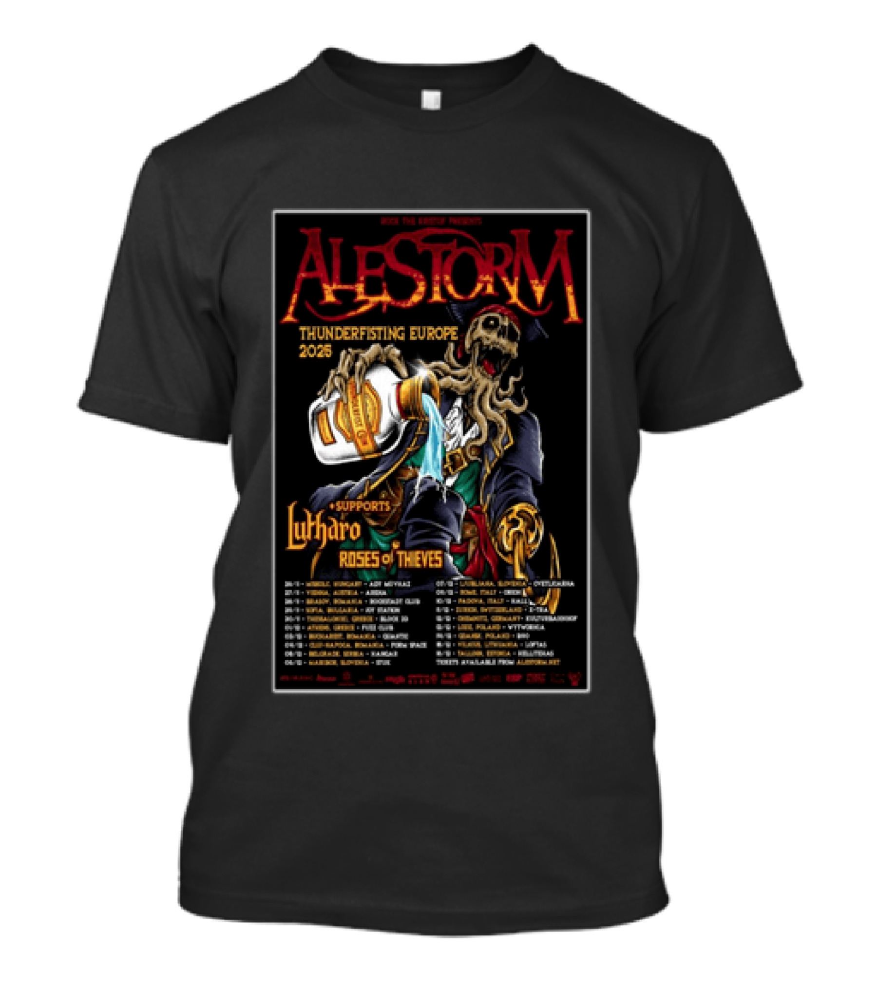 Alestorm Thunderfisting Europe 2025 Lutharo Roses Of Thieves Tour Dates T-Shirt