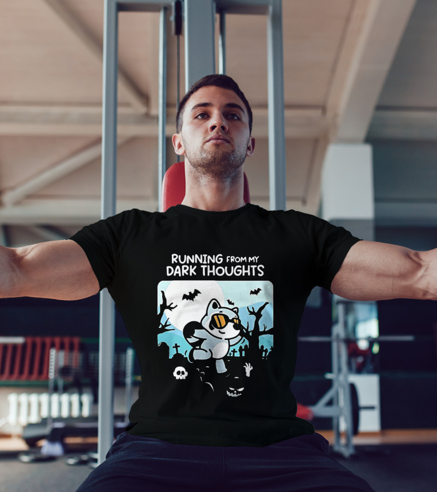 Raccoon Running From My Dark Thoughts Moonlight Bats And Graveyard Scene T-Shirt