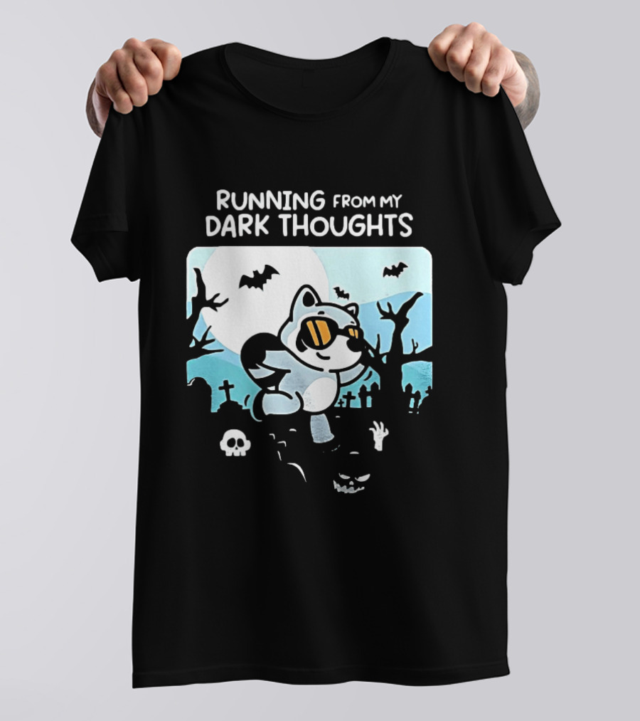 Raccoon Running From My Dark Thoughts Moonlight Bats And Graveyard Scene T-Shirt