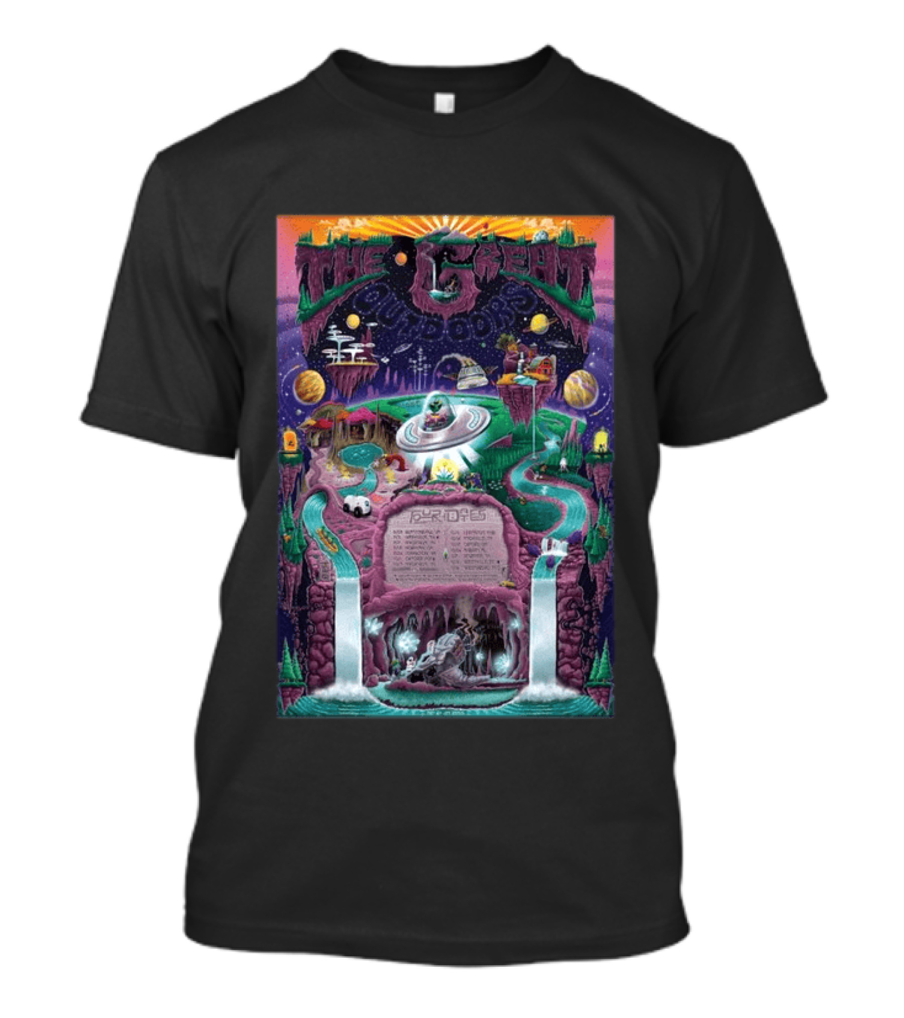 The Great Outdoors Fall Tour 2026 Cosmic Adventure Spaceships Waterfalls Planets T-Shirt