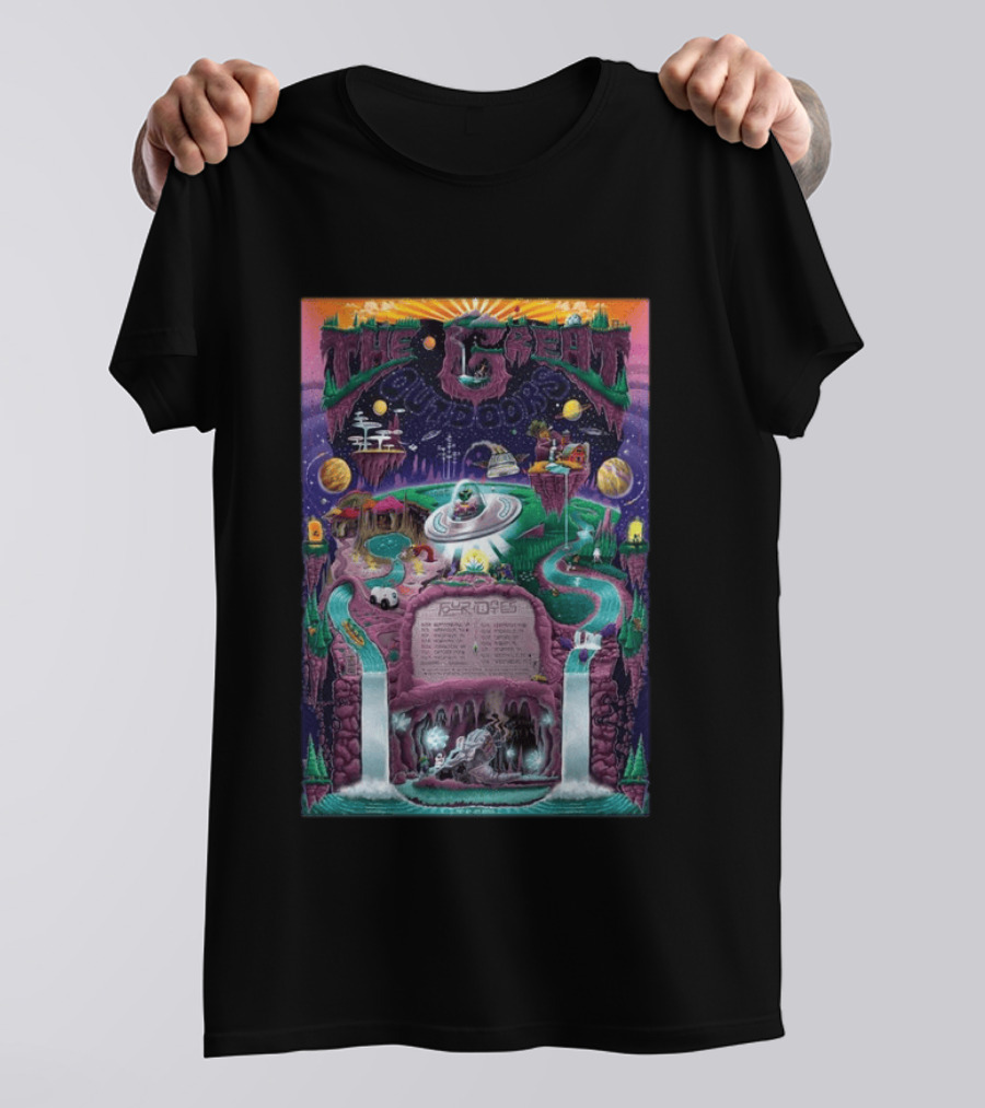 The Great Outdoors Fall Tour 2026 Cosmic Adventure Spaceships Waterfalls Planets T-Shirt