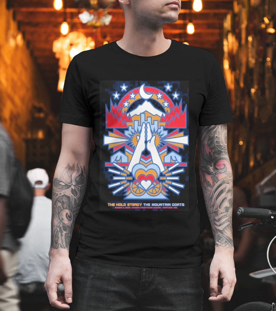 The Hold Steady The Mountain Goats Pioneer Courthouse Square Portland August 8 2026 Concert Tour Skyline Heart Hands Stars Moon Mountains T-Shirt