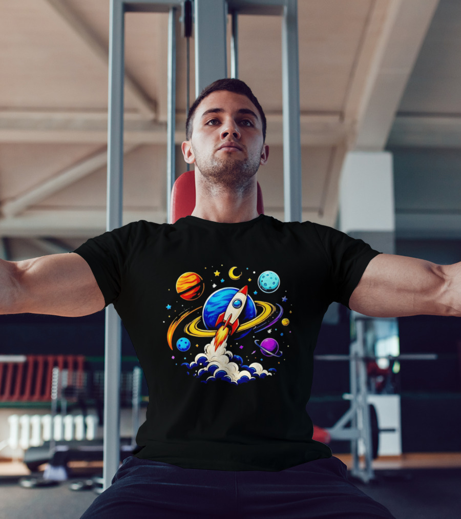 Space Rocket Launch With Vibrant Orbiting Planets And Stars T-Shirt