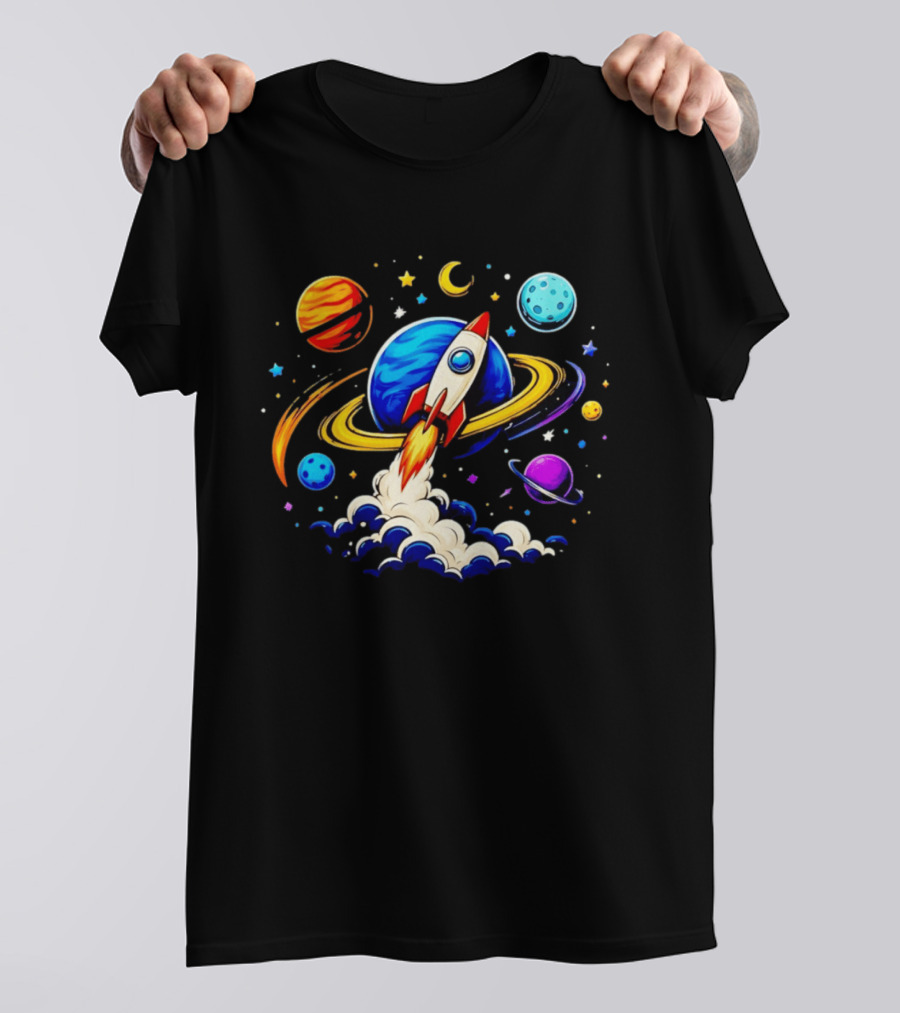 Space Rocket Launch With Vibrant Orbiting Planets And Stars T-Shirt