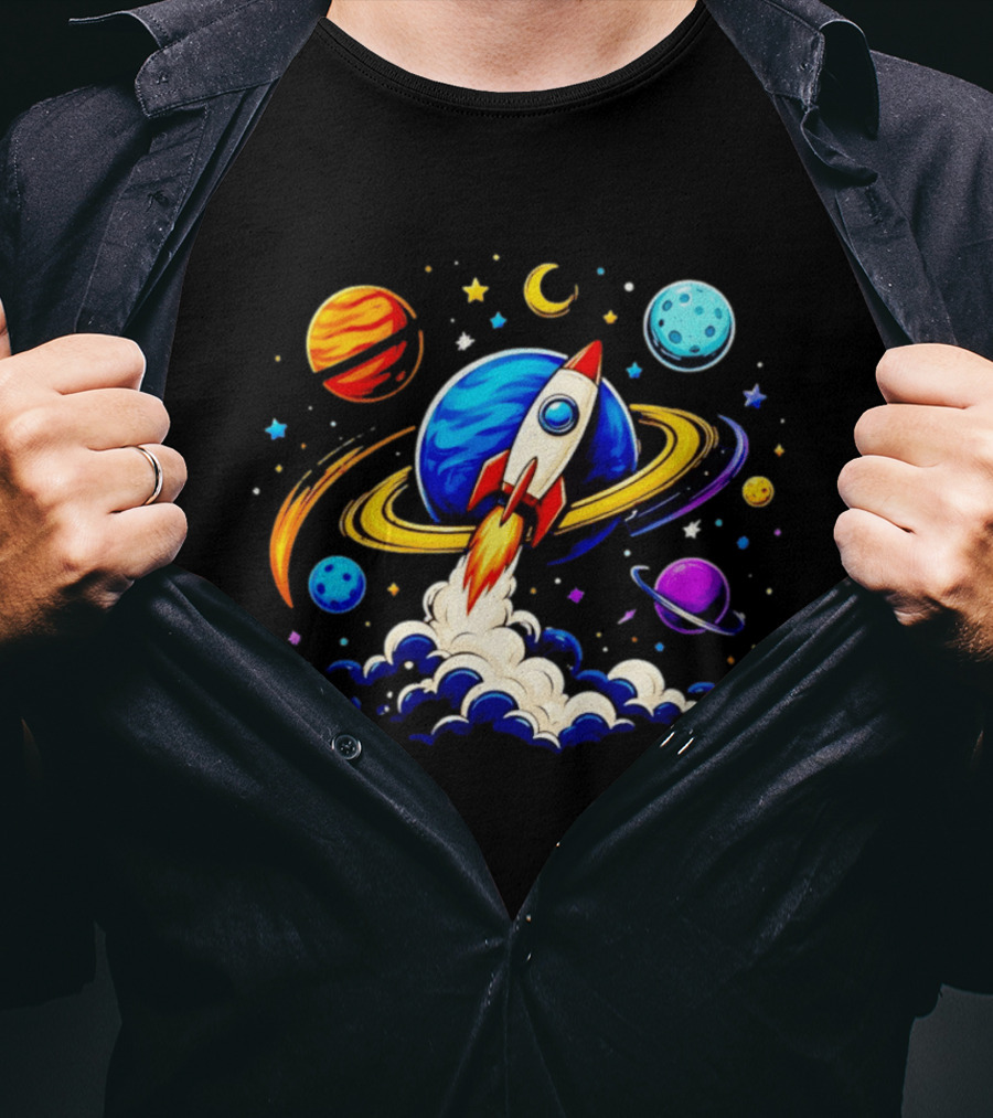 Space Rocket Launch With Vibrant Orbiting Planets And Stars T-Shirt