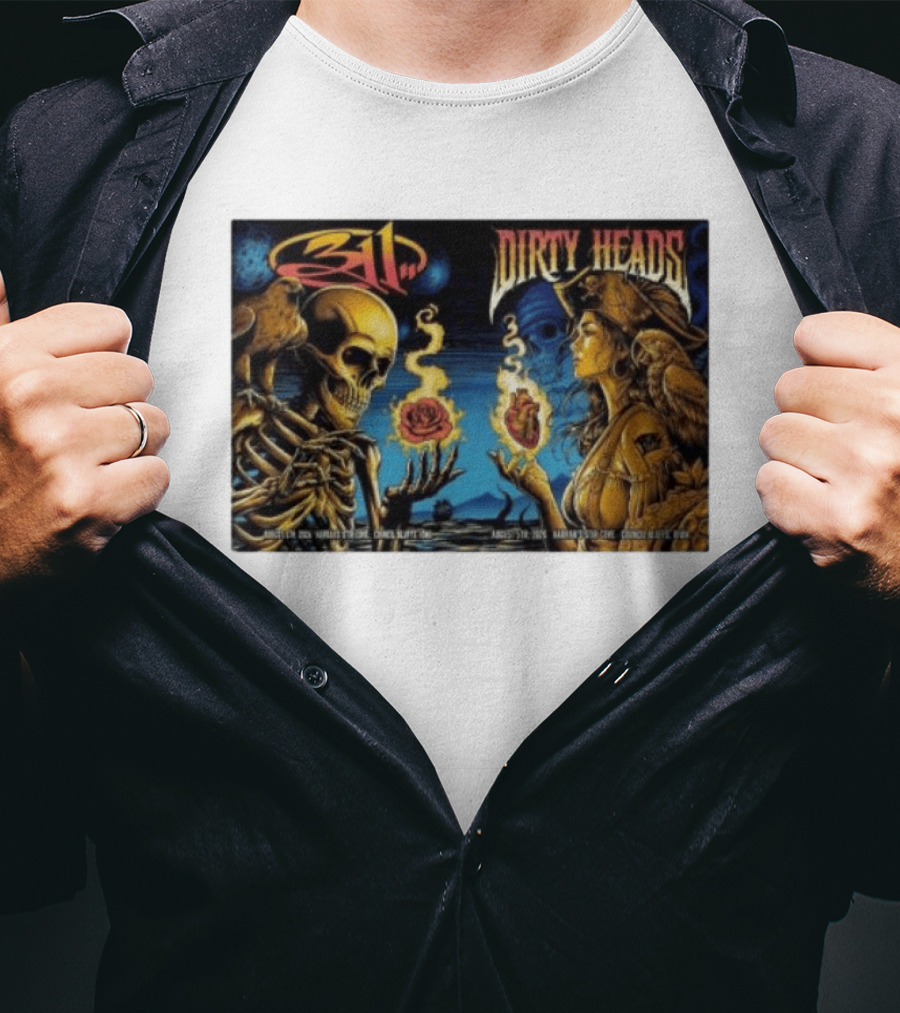 311 X Dirty Heads August 5 2026 Council Bluffs Iowa Harrah's Stir Cove Exclusive Set Skeleton Pirate Roses T-Shirt