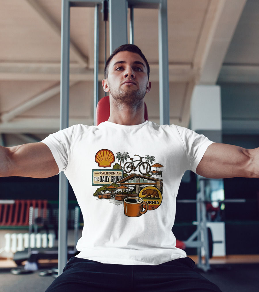 California The Daily Grind Shell Coffee Bear Bike Palms T-Shirt