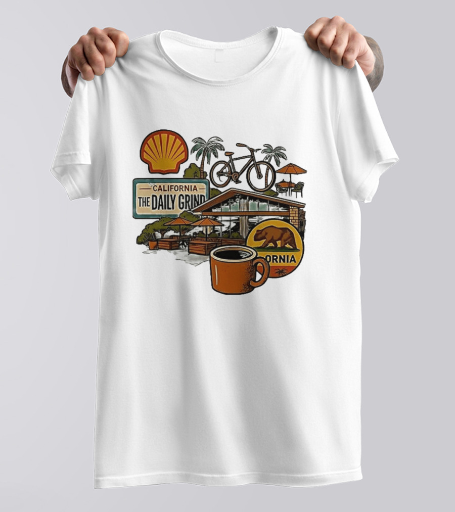 California The Daily Grind Shell Coffee Bear Bike Palms T-Shirt