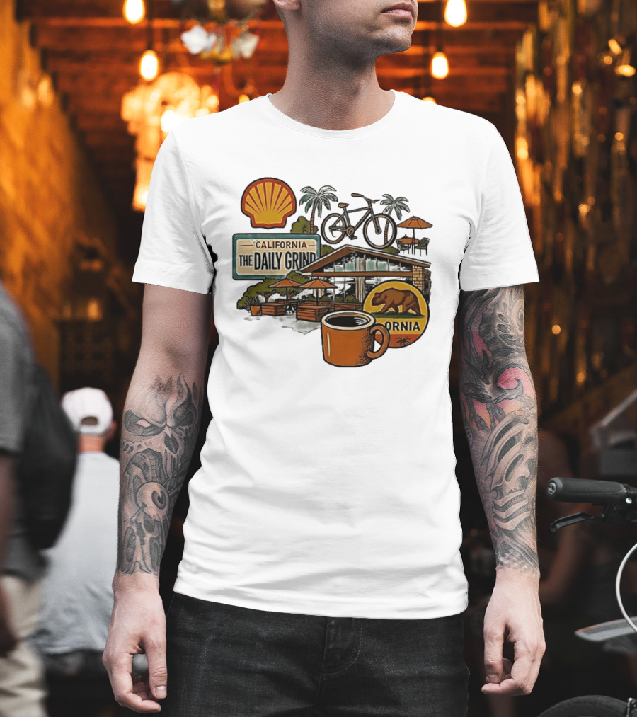 California The Daily Grind Shell Coffee Bear Bike Palms T-Shirt