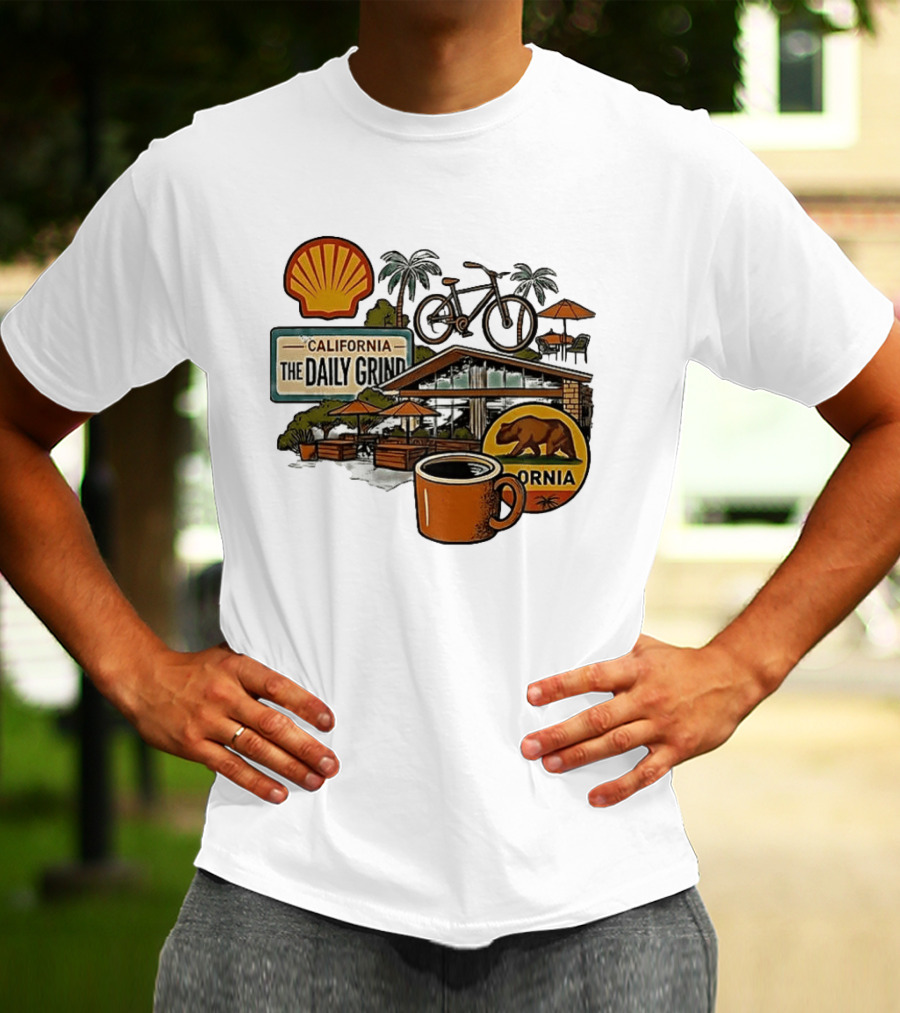 California The Daily Grind Shell Coffee Bear Bike Palms T-Shirt