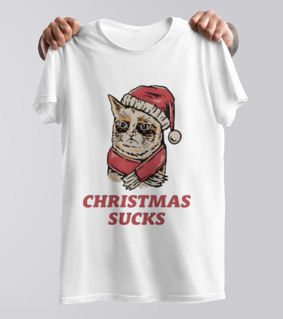 Cat Santa Hat Christmas Sucks Grumpy Humor T-Shirt