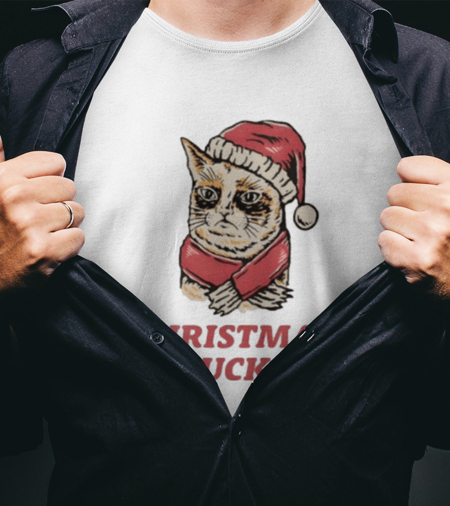 Cat Santa Hat Christmas Sucks Grumpy Humor T-Shirt