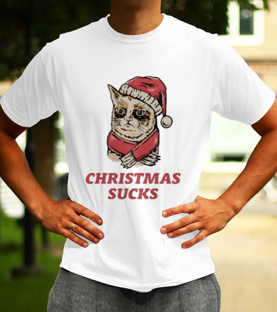 Cat Santa Hat Christmas Sucks Grumpy Humor T-Shirt