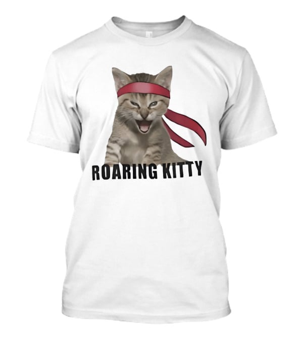 Roaring Kitty Kitten In Red Headband Stock Market Meme T-Shirt