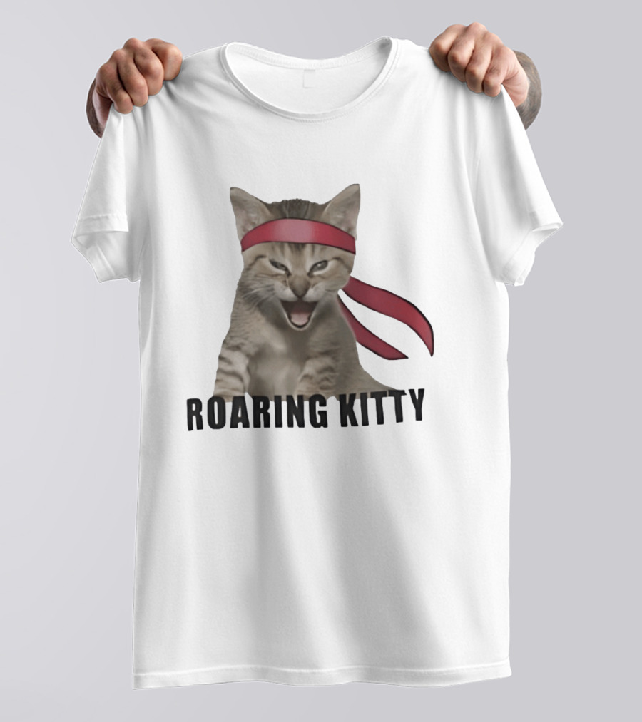 Roaring Kitty Kitten In Red Headband Stock Market Meme T-Shirt