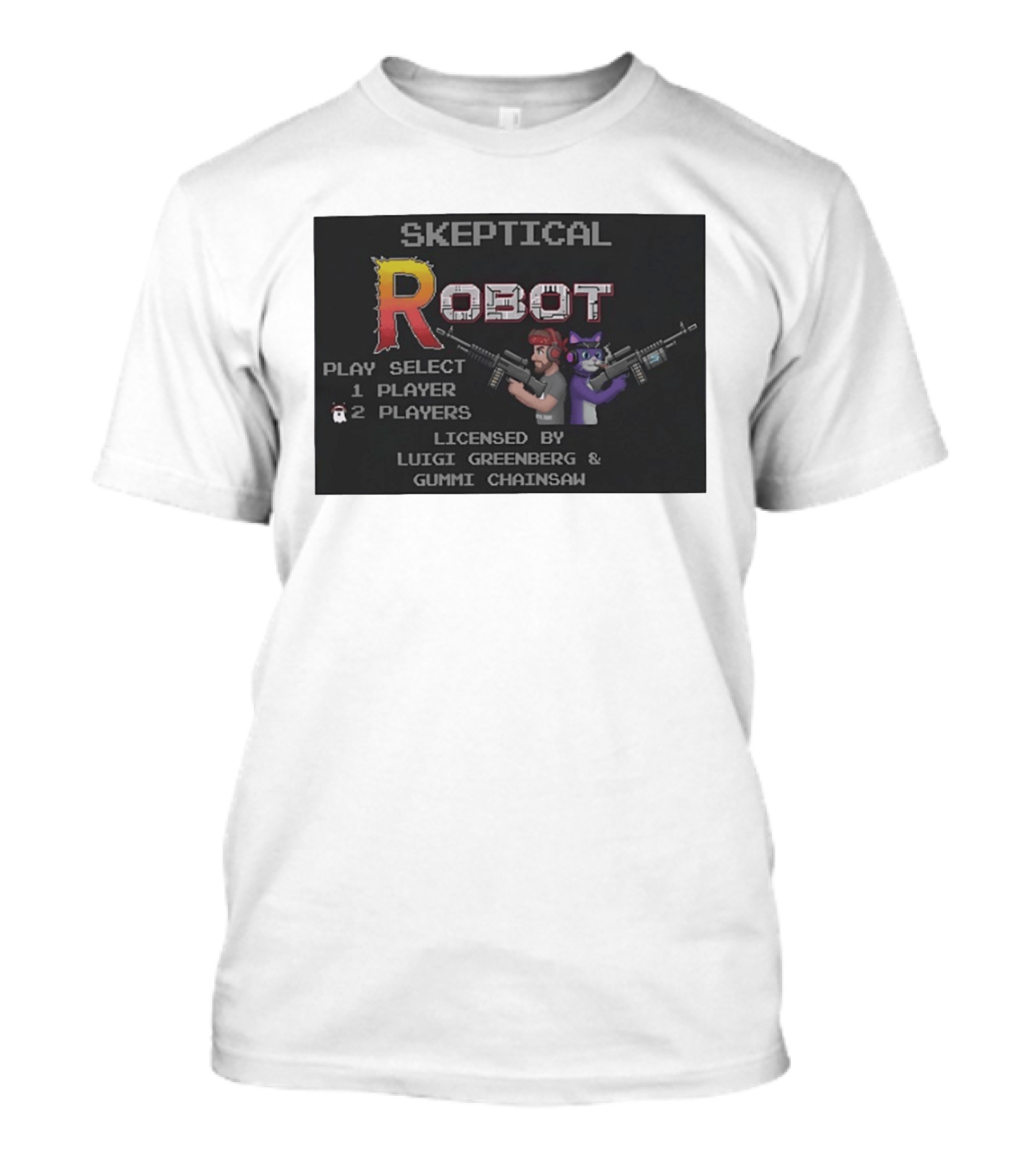 Skeptical Robot Play Select Luigi Greenberg Gummi Chainsaw T-Shirt