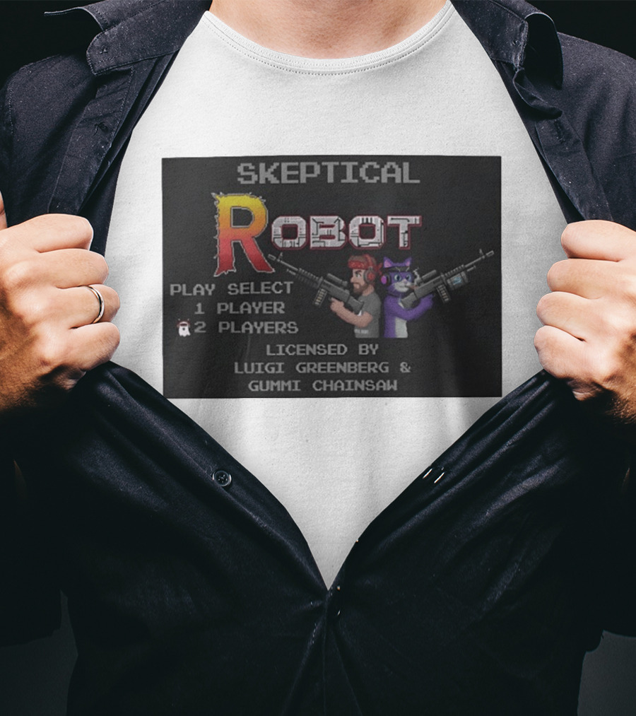 Skeptical Robot Play Select Luigi Greenberg Gummi Chainsaw T-Shirt