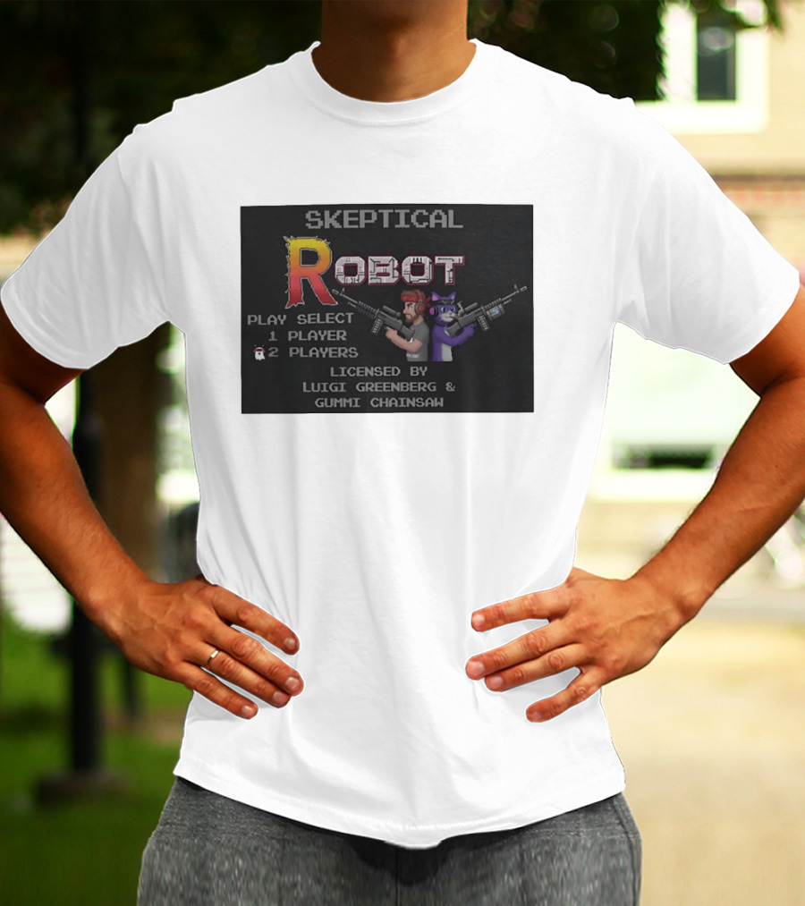 Skeptical Robot Play Select Luigi Greenberg Gummi Chainsaw T-Shirt