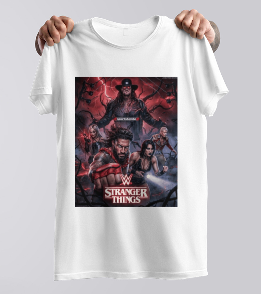 WWE And Stranger Things Crossover With The Undertaker, Roman Reigns, Cody Rhodes, Rhea Ripley, And Liv Morgan T-Shirt