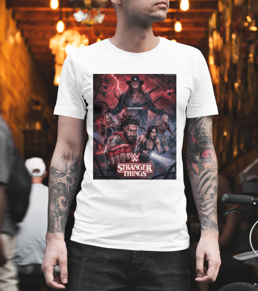 WWE And Stranger Things Crossover With The Undertaker, Roman Reigns, Cody Rhodes, Rhea Ripley, And Liv Morgan T-Shirt