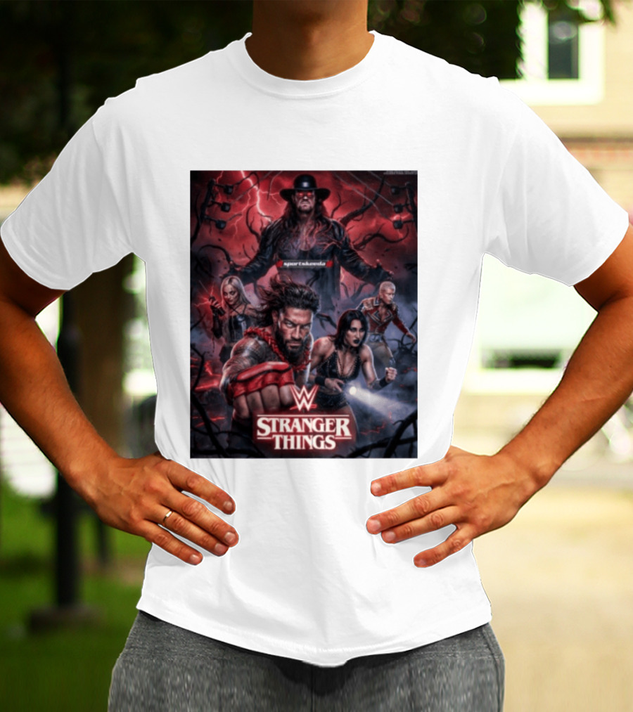 WWE And Stranger Things Crossover With The Undertaker, Roman Reigns, Cody Rhodes, Rhea Ripley, And Liv Morgan T-Shirt
