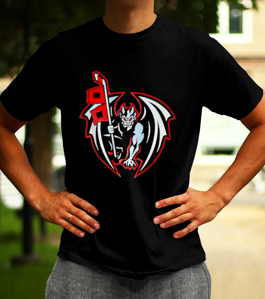 Greensboro Gargoyles Hockey Team Winged Gargoyle Holding Hockey Stick With Red Flag T-Shirt
