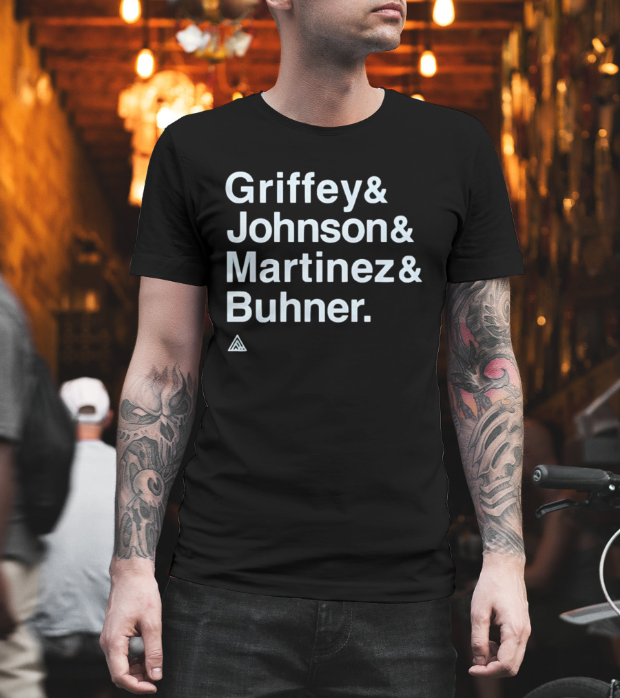 Griffey Johnson Martinez Buhner White Sans Serif Text Triangular T-Shirt