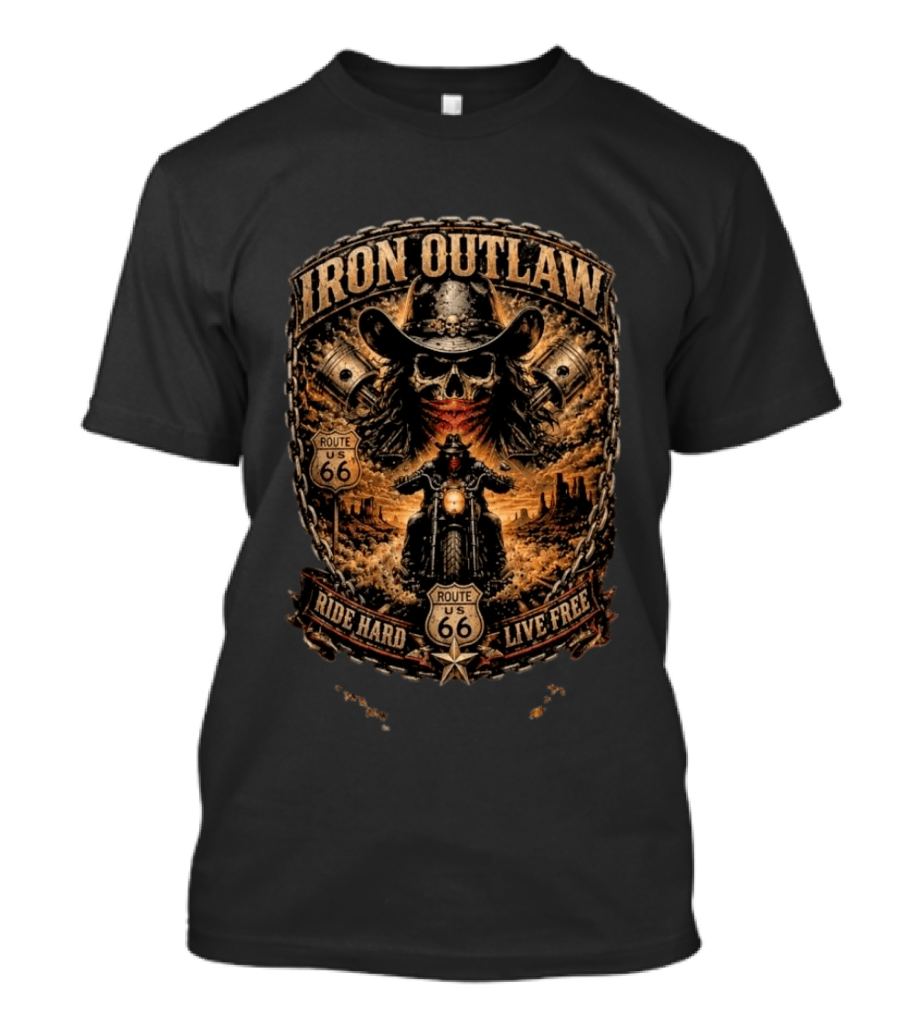 Iron Outlaw Cowboy Skull Motorcycle Route 66 Ride Hard Live Free T-Shirt