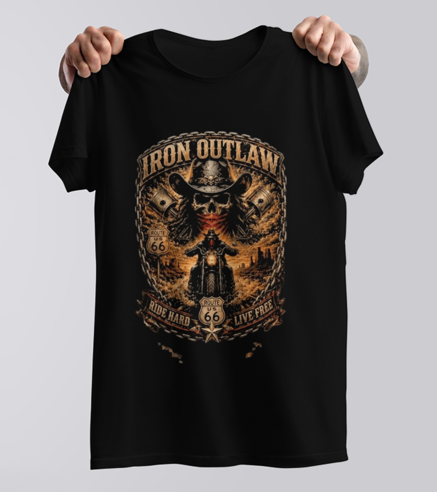 Iron Outlaw Cowboy Skull Motorcycle Route 66 Ride Hard Live Free T-Shirt