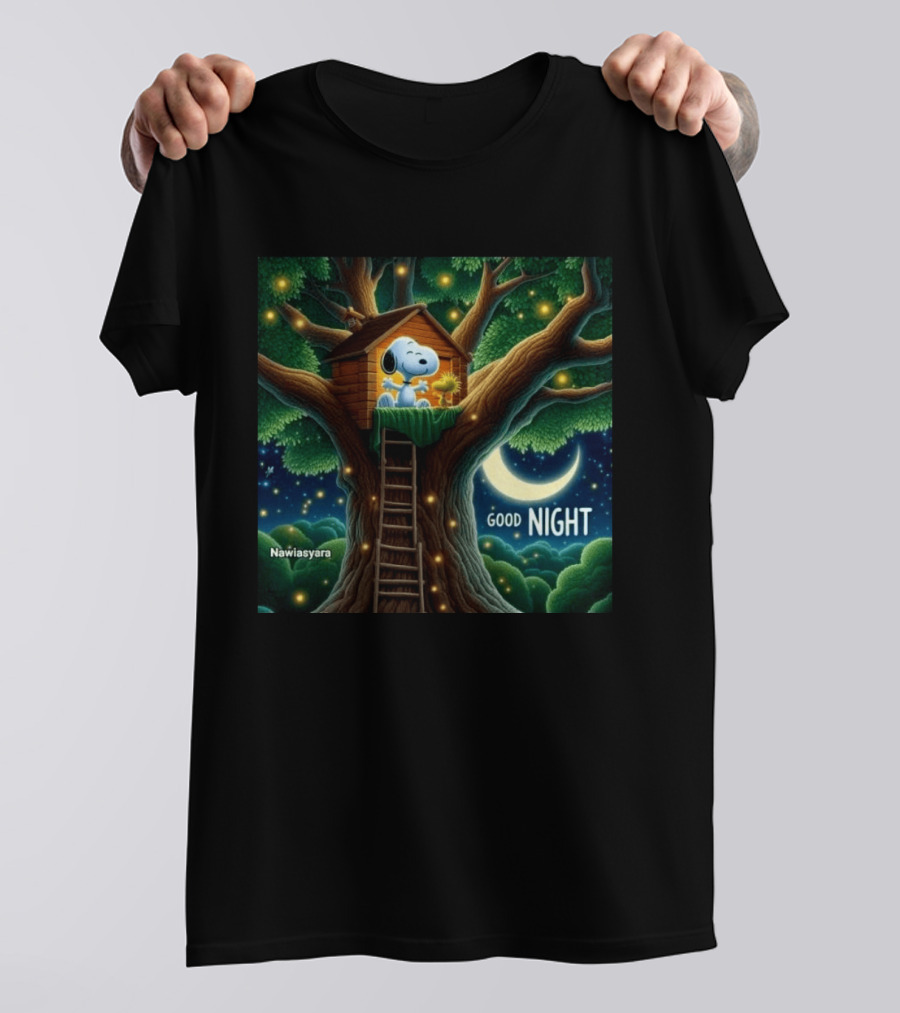 Leave A Heart If You Love Snoopy Good Night Treehouse Moonlit Scene T-Shirt