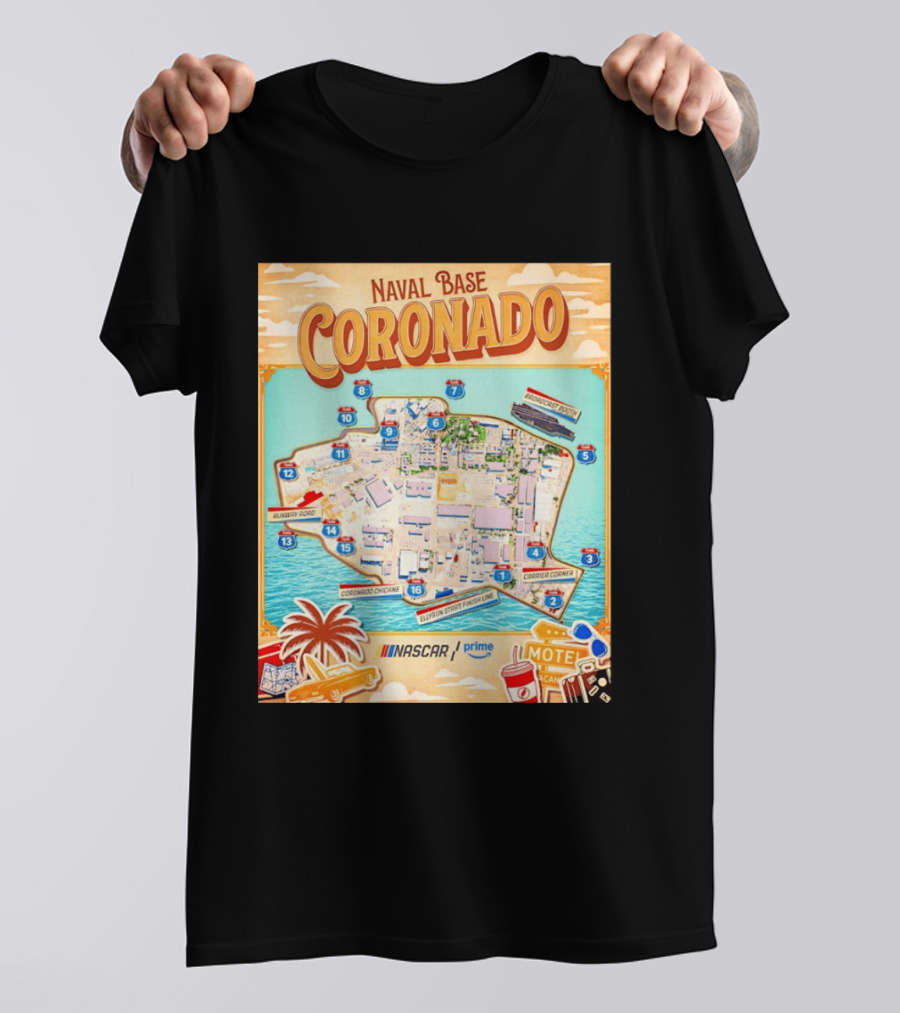 Naval Base Coronado Map NASCAR Prime Ellyson Start Finish Line Broadcast Booth T-Shirt