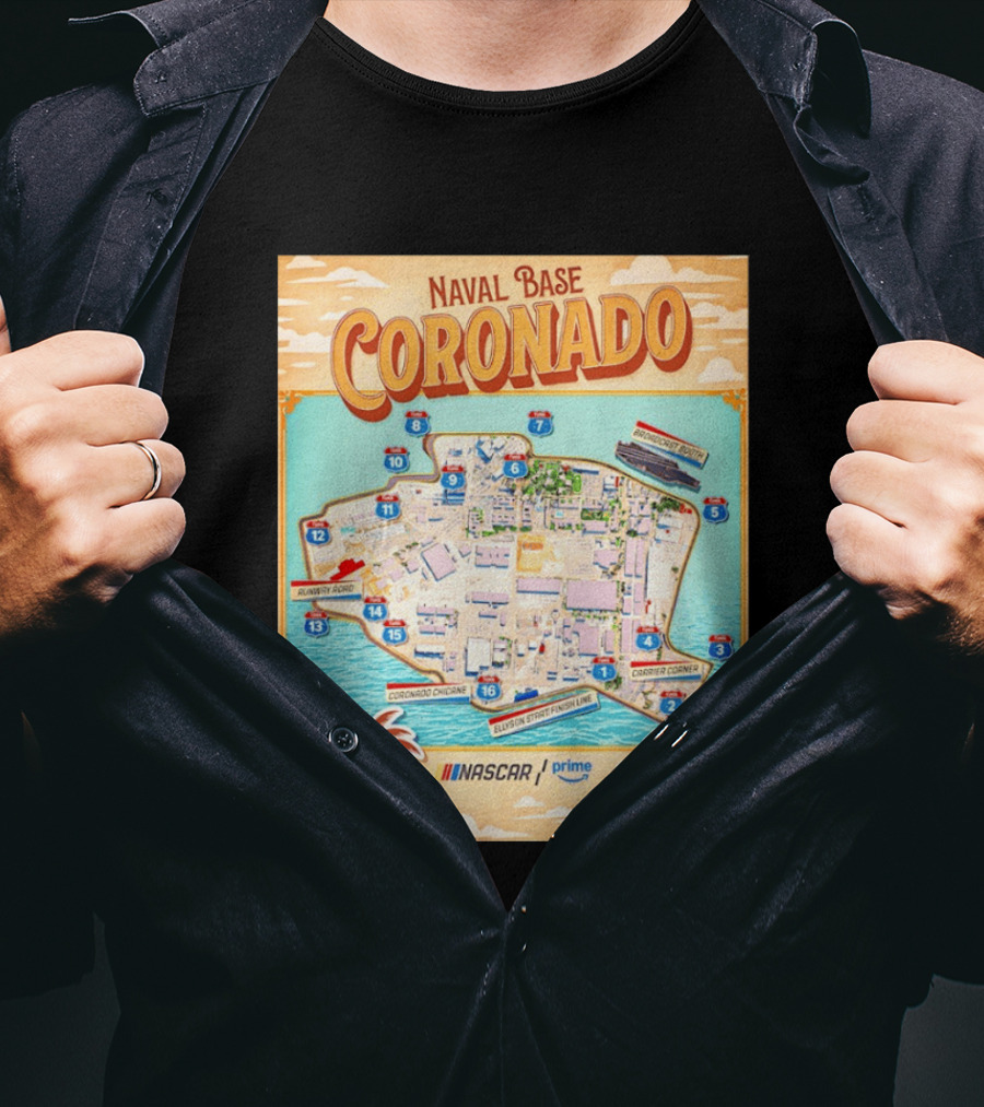Naval Base Coronado Map NASCAR Prime Ellyson Start Finish Line Broadcast Booth T-Shirt