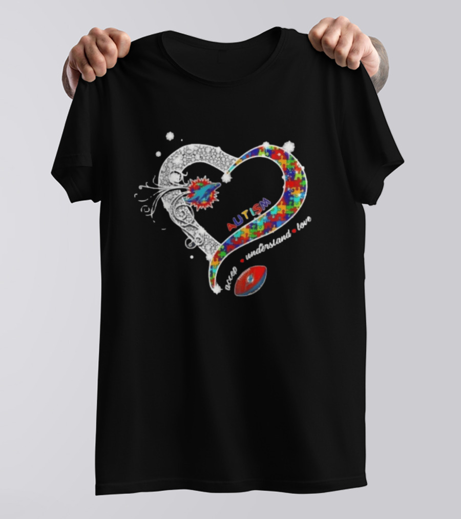 Miami Dolphins Autism Accept Understand Love Heart Diamond Puzzle T-Shirt