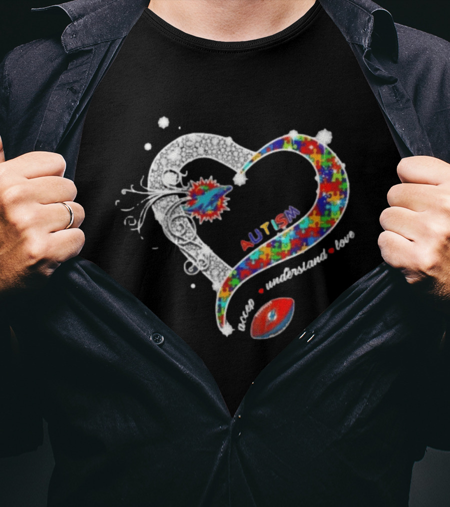 Miami Dolphins Autism Accept Understand Love Heart Diamond Puzzle T-Shirt