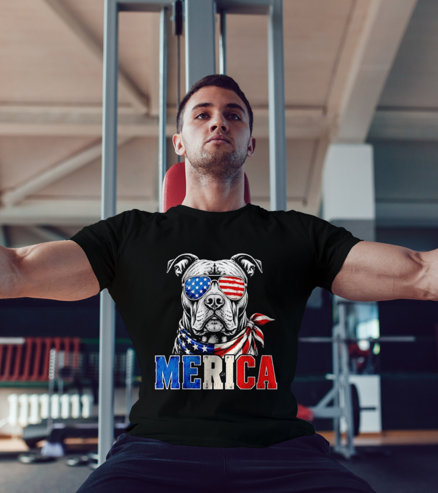 Patriotic Pit Bull Merica Dog With American Flag Sunglasses And Bandana T-Shirt