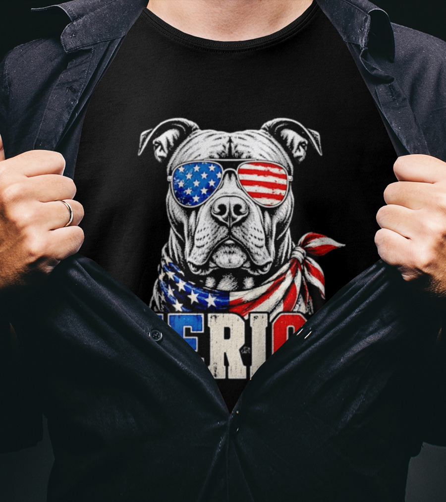 Patriotic Pit Bull Merica Dog With American Flag Sunglasses And Bandana T-Shirt