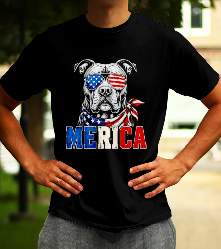 Patriotic Pit Bull Merica Dog With American Flag Sunglasses And Bandana T-Shirt