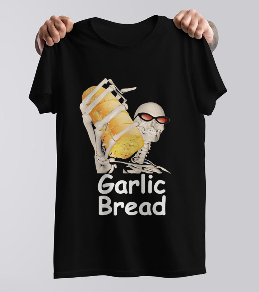 Skeleton Holding Baguette Garlic Bread Wearing Sunglasses T-Shirt