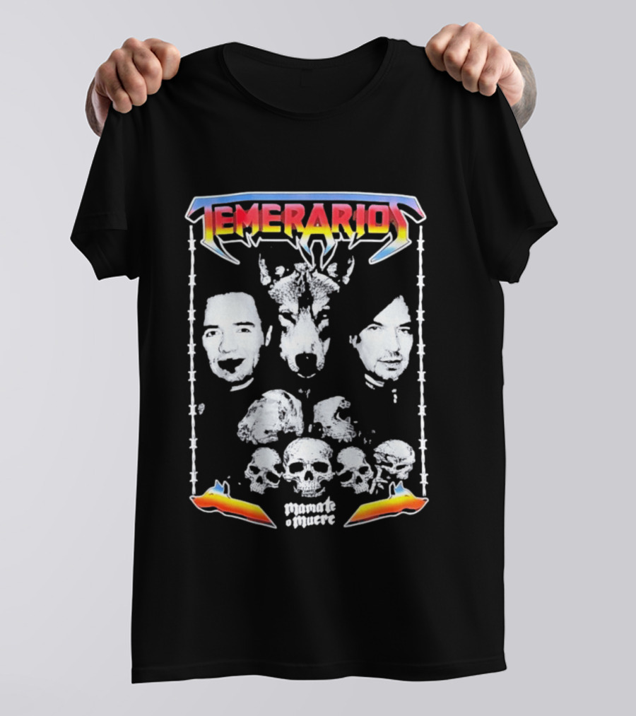 Temerarios Mamate O Muere Heavy Metal Wolf Band Photo Skulls T-Shirt