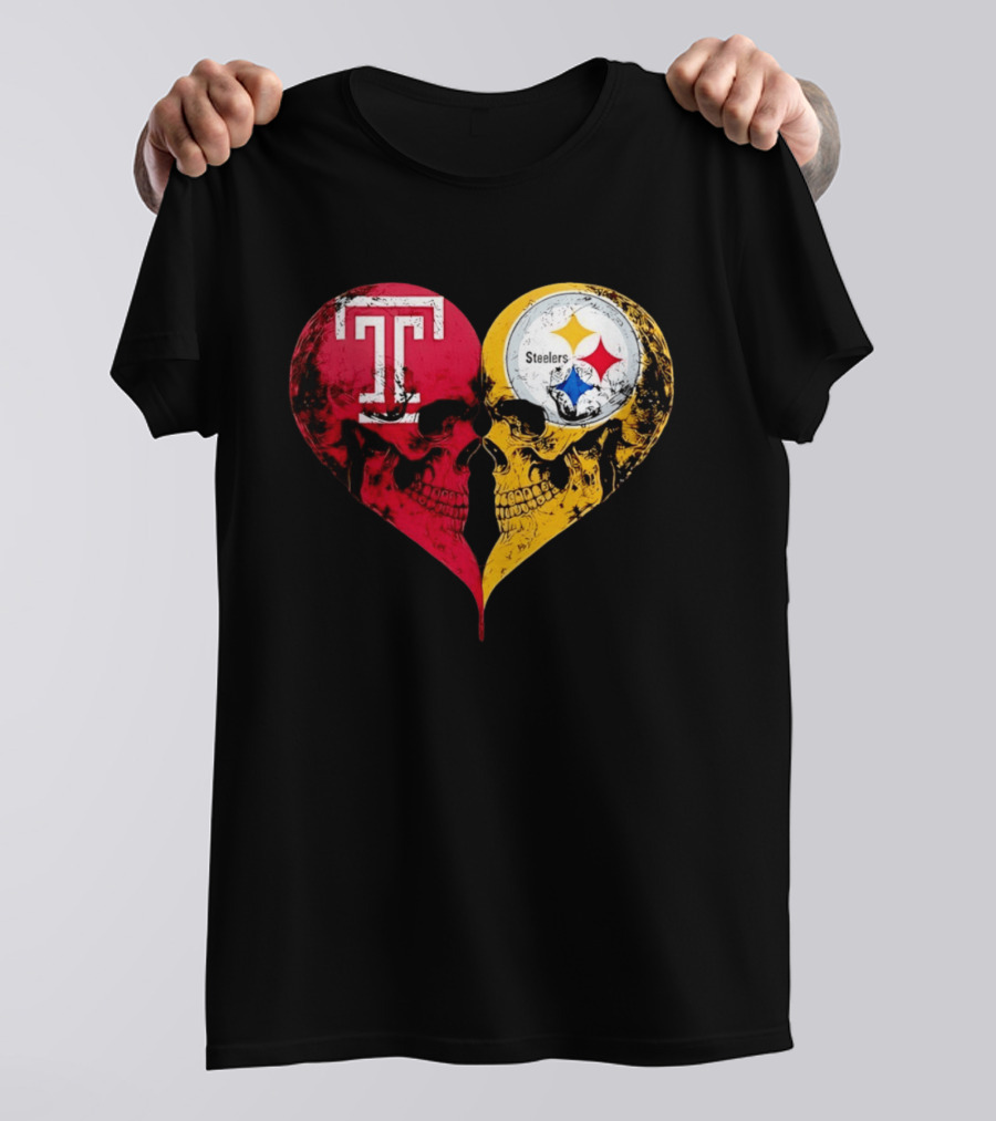 Temple Owls Pittsburgh Steelers Skulls Heart Shape Distressed T-Shirt