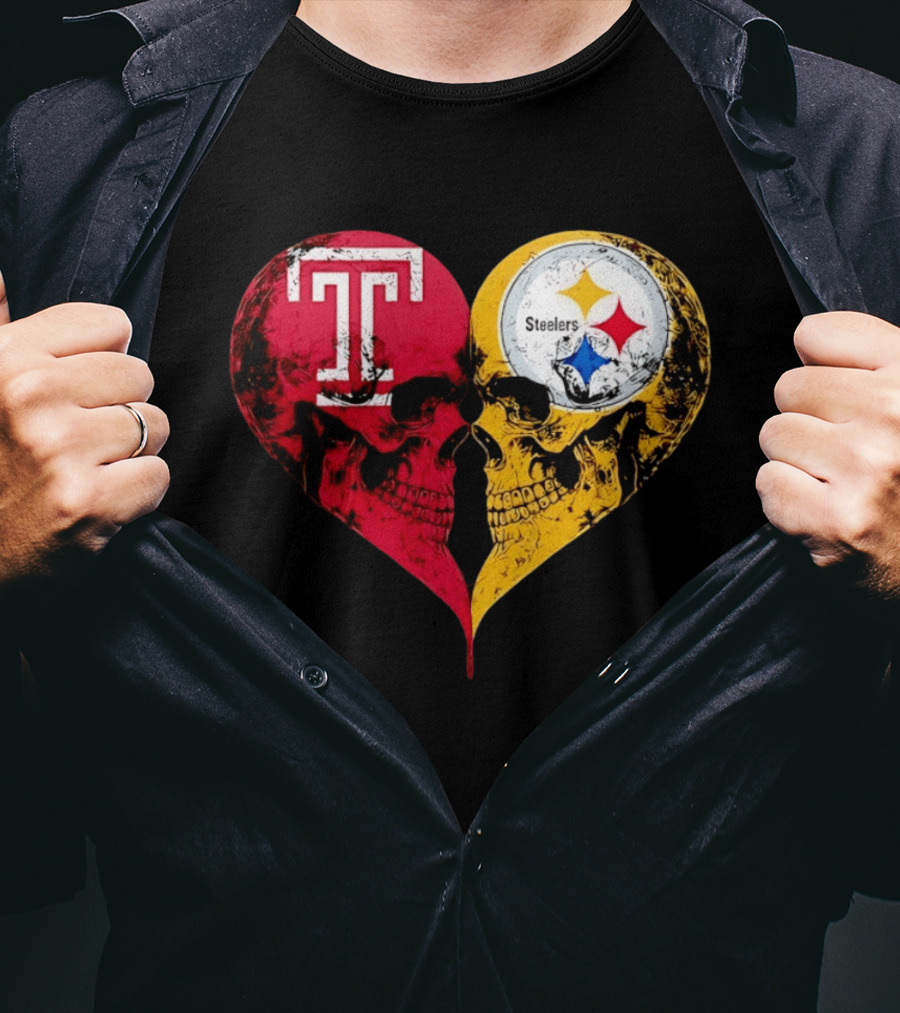 Temple Owls Pittsburgh Steelers Skulls Heart Shape Distressed T-Shirt