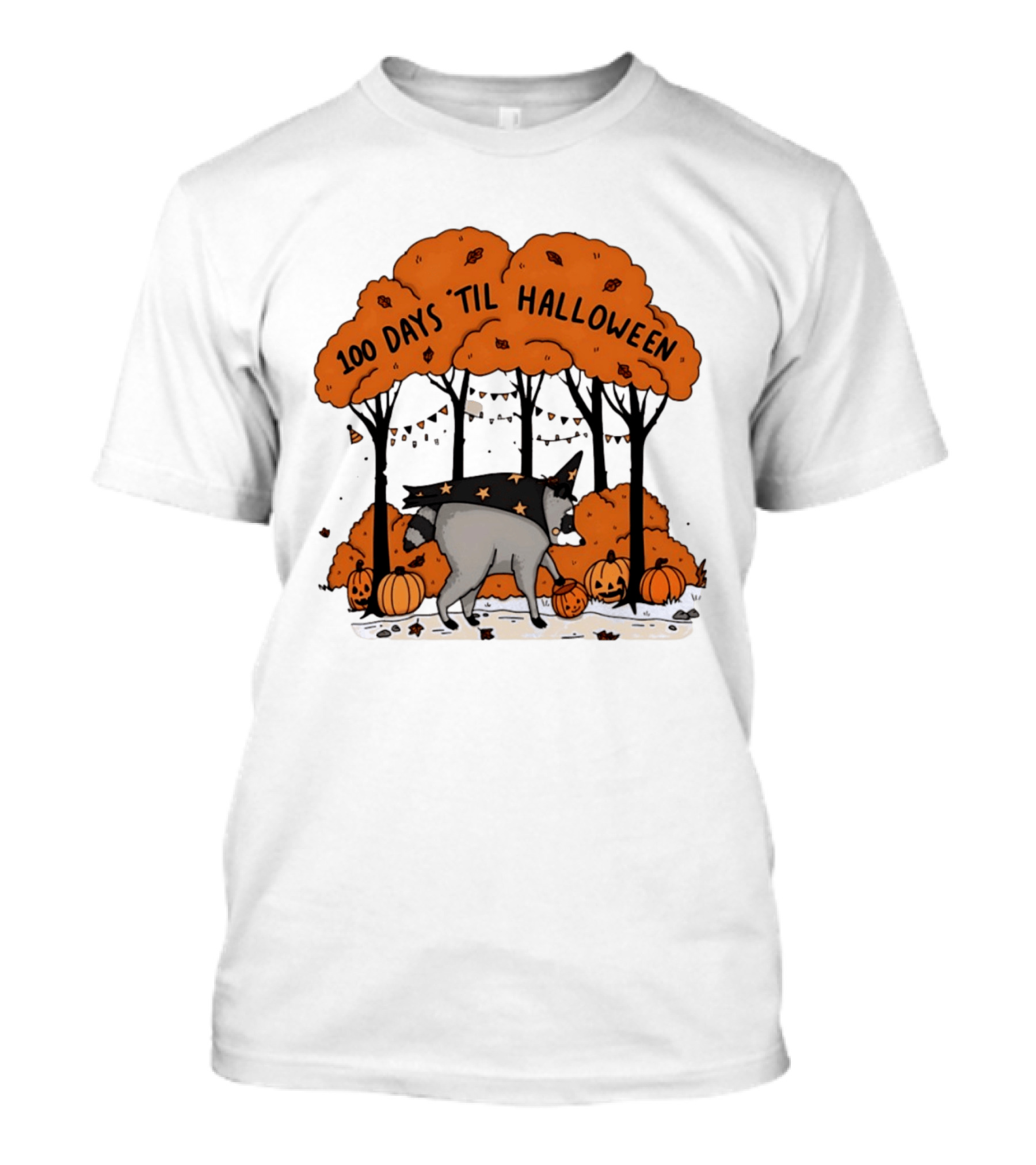 100 Days 'til Halloween Raccoon Wizard Costume In Pumpkin Patch Forest T-Shirt