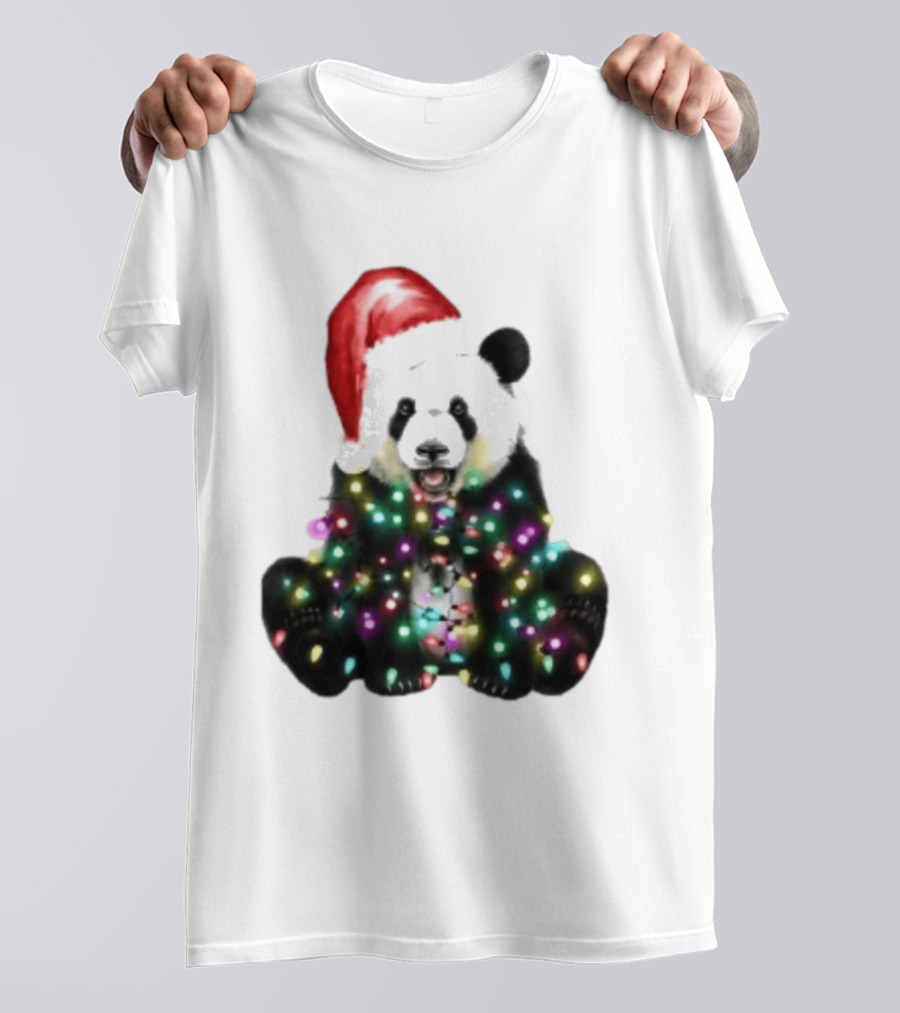 Panda With Christmas Lights And Santa Hat Holiday Animals T-Shirt