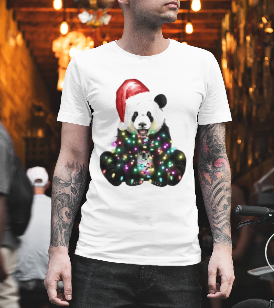 Panda With Christmas Lights And Santa Hat Holiday Animals T-Shirt