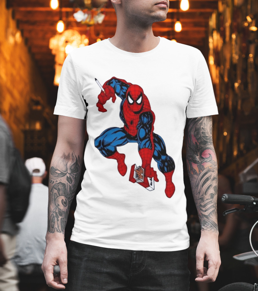 Marlboro Spider Man Crouching Holding Cigarette Packcartoon T-Shirt