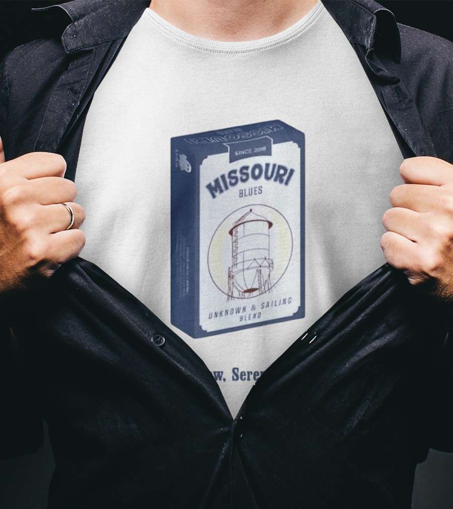 Missouri Blues Since 2018 Water Tower Unknown & Sailing Blend Misery Now Serenity Later T-Shirt