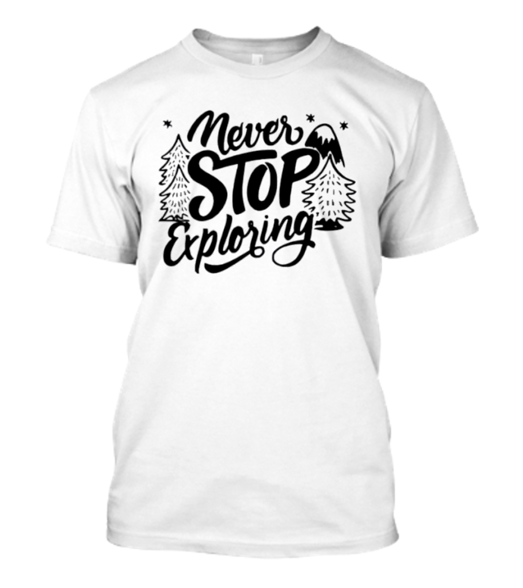 Never Stop Exploring Pine Trees Snowy Mountain Peak Stars T-Shirt