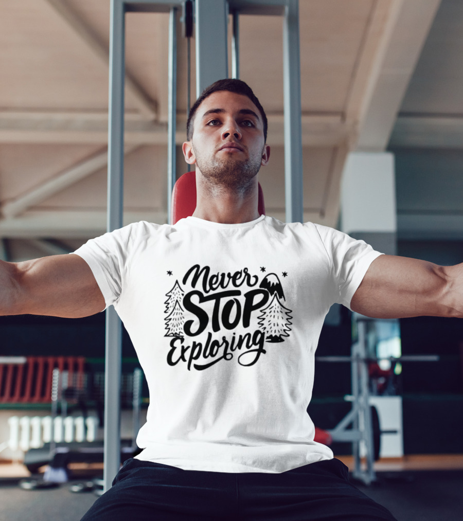 Never Stop Exploring Pine Trees Snowy Mountain Peak Stars T-Shirt