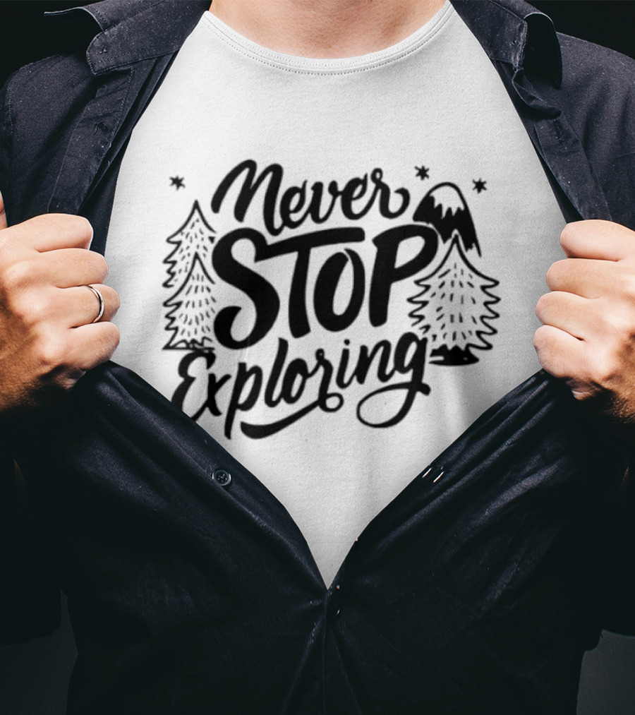 Never Stop Exploring Pine Trees Snowy Mountain Peak Stars T-Shirt