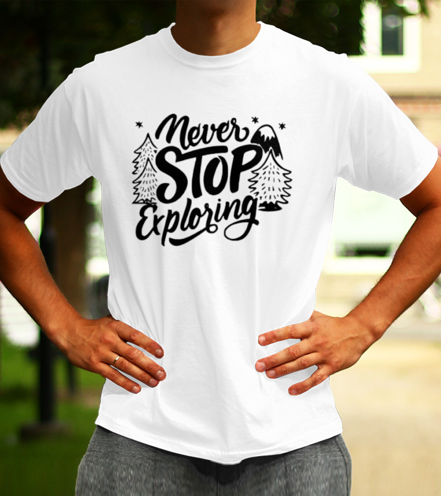Never Stop Exploring Pine Trees Snowy Mountain Peak Stars T-Shirt